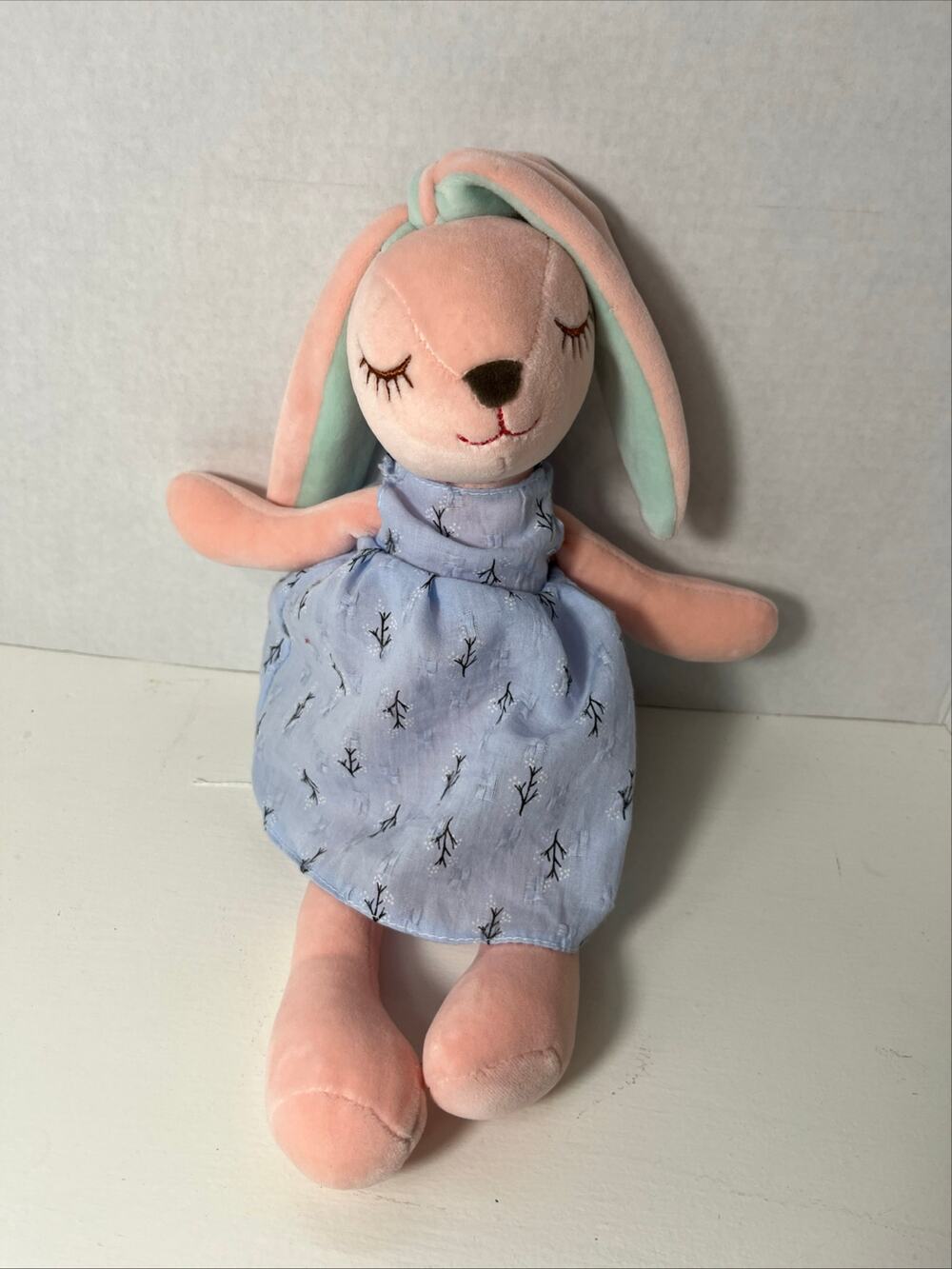 velvety pink bunny rabbit plush stuffed toy lovey blue dress embroidered eyes
